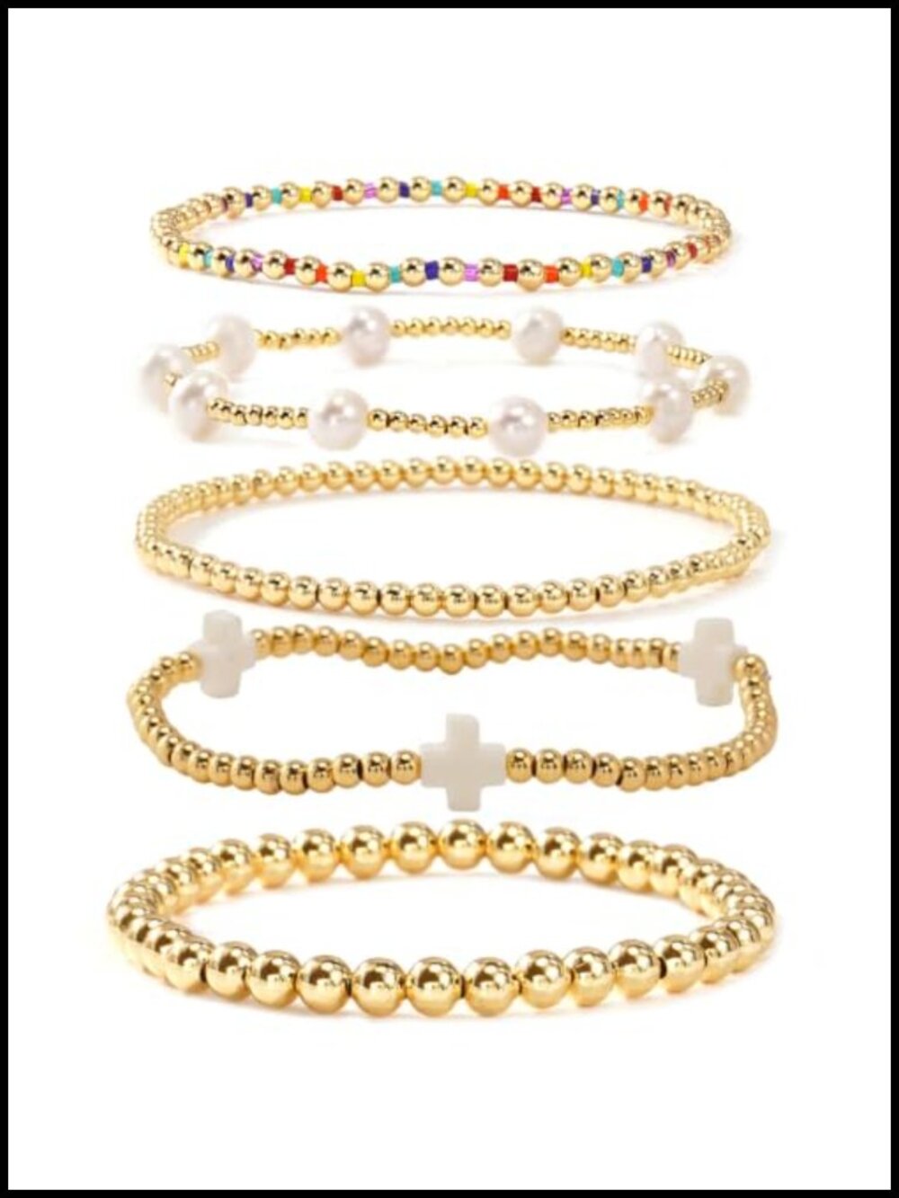 14K Gold Plated Beaded Cross Bracelet Stack Set with Pearls